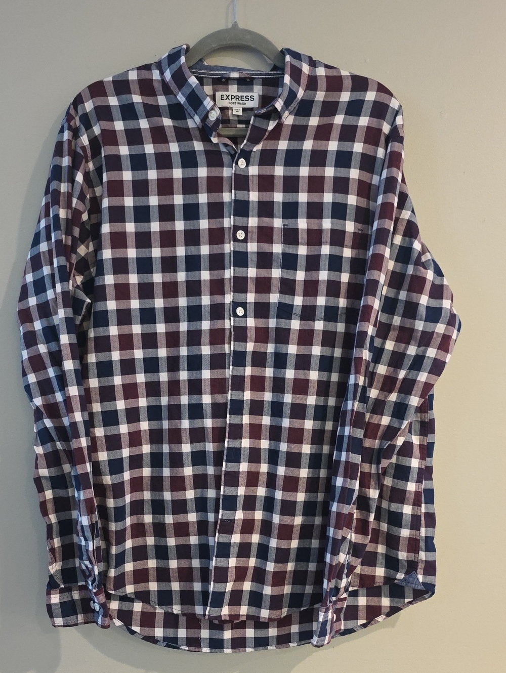 Express Men's Plaid Button-Down Shirt in Navy, Burgundy & White